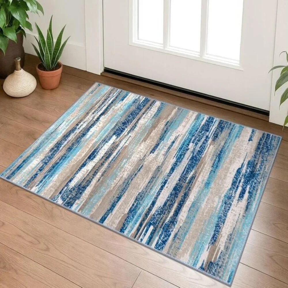 New Modern Abstract 2x3ft Entryway Rug, Washable Non-Slip Blue Faux Wool Carpet